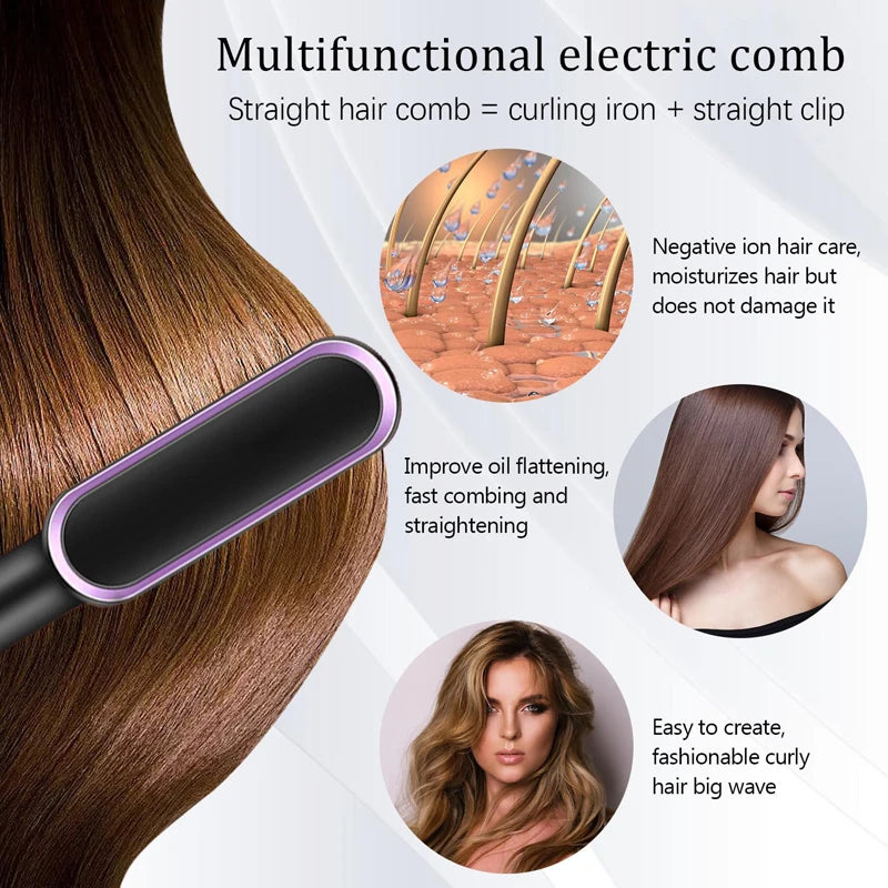 Hair Straightener Ceramic Hot Comb 2 in 1 Electric Straighten Hair Brush Negative Ion Fast Heating Styling Tool ﻿