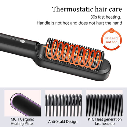 Hair Straightener Ceramic Hot Comb 2 in 1 Electric Straighten Hair Brush Negative Ion Fast Heating Styling Tool ﻿