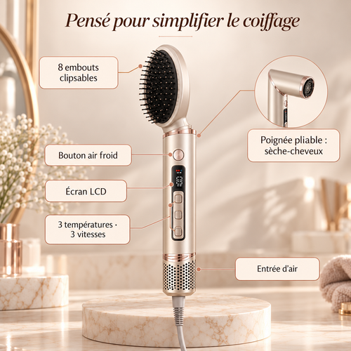 Les fonctions du Lissaura 8 en 1 : 8 embouts, air froid, écran LCD, poignée pliable